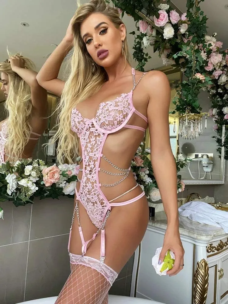 Women Lingerie Set Floral Lace Teddy Strap Chain Babydoll Bodysuit Bra and Panty Set with Garter Belts