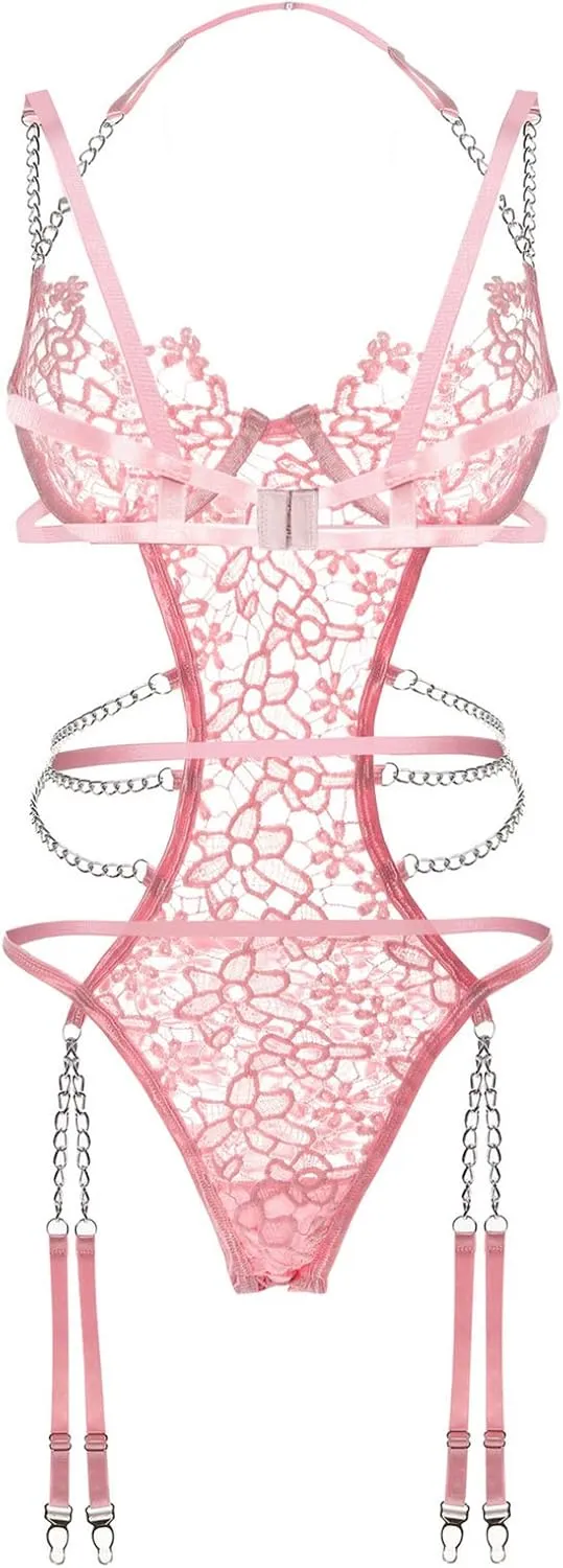 Women Lingerie Set Floral Lace Teddy Strap Chain Babydoll Bodysuit Bra and Panty Set with Garter Belts