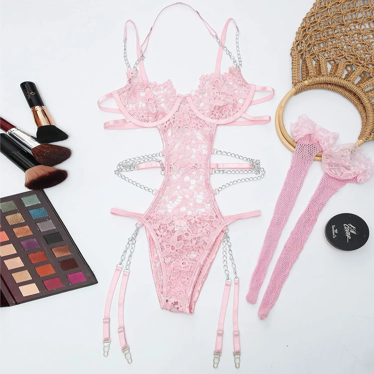 Women Lingerie Set Floral Lace Teddy Strap Chain Babydoll Bodysuit Bra and Panty Set with Garter Belts