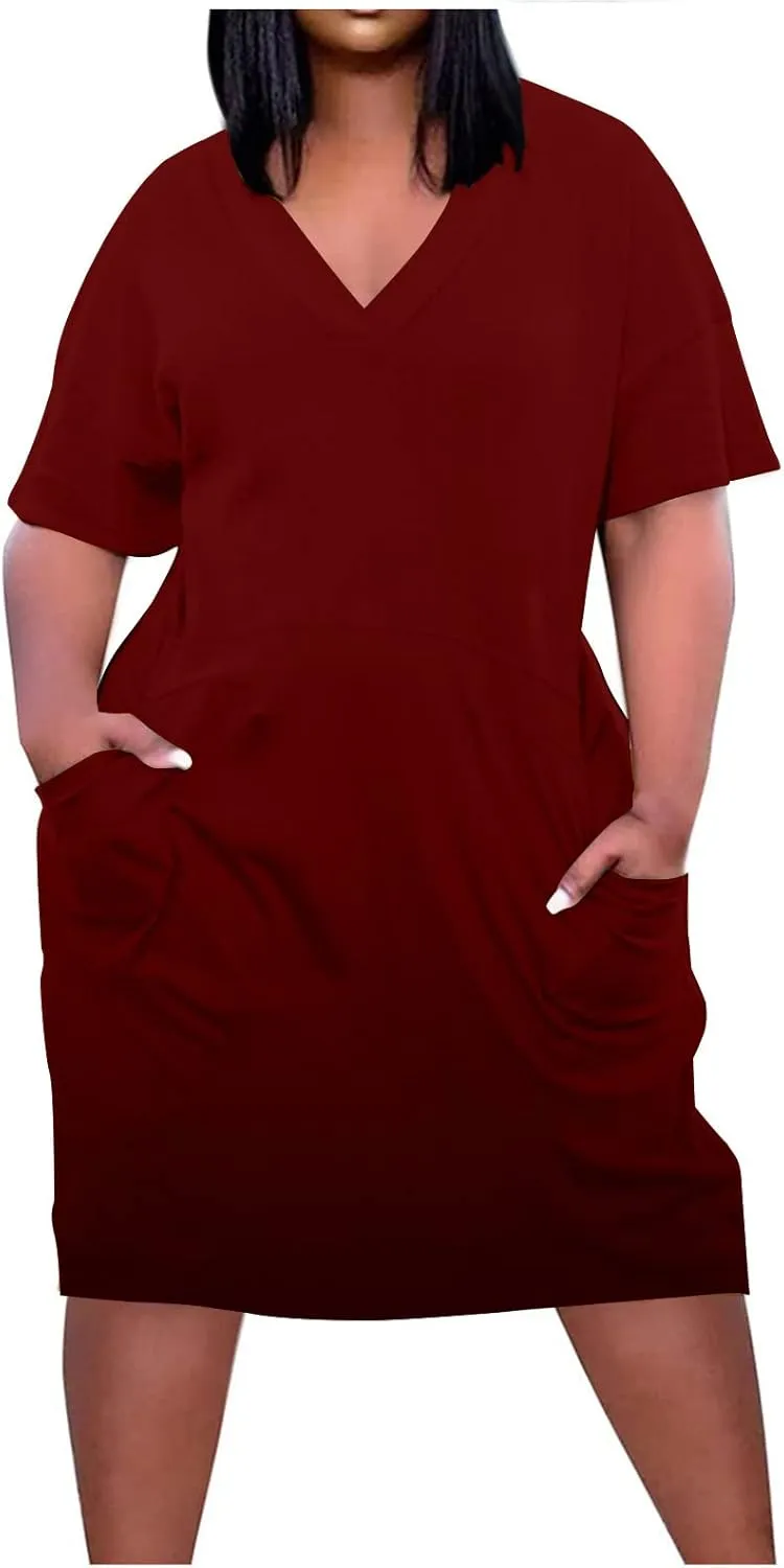 Women Oversized Shirt Dress V Neck Short Sleeve Midi Dresses Casual Summer Loose Plus Size Drees with Pockets
