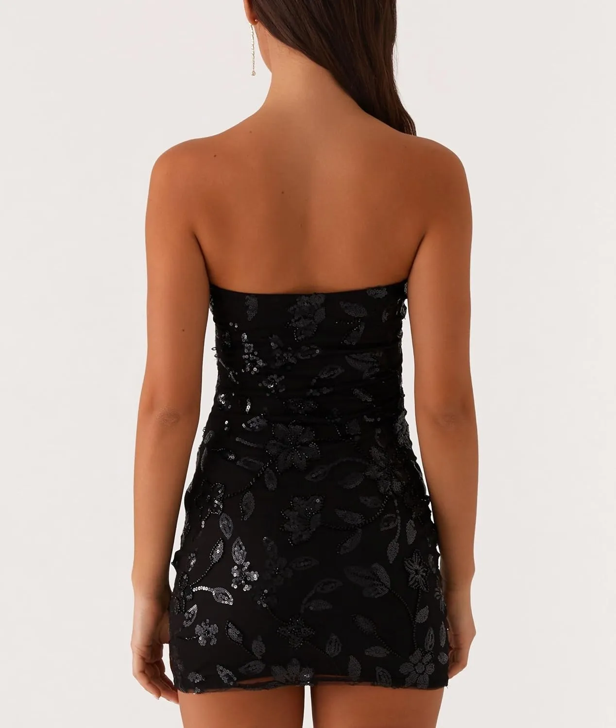 Women Sequin Beaded Strapless Dress Y2K Sparkle Glitter Tube Mini Dress Rhinestone Floral Sundresses Beach