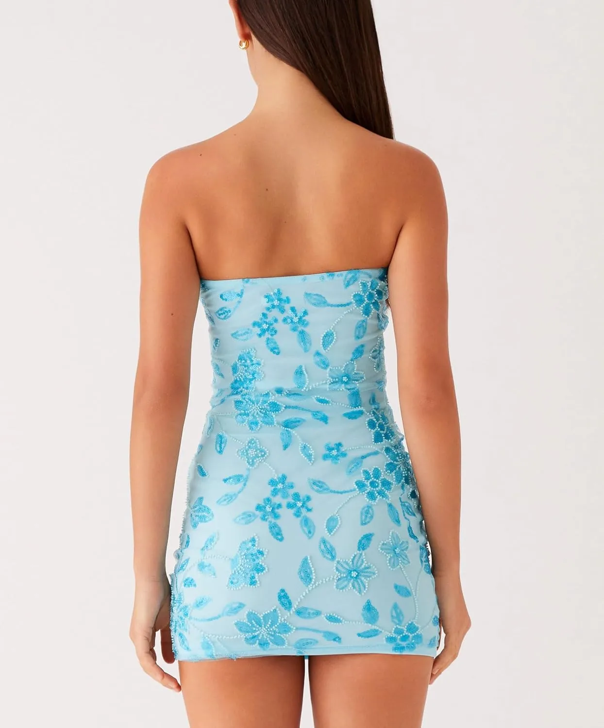 Women Sequin Beaded Strapless Dress Y2K Sparkle Glitter Tube Mini Dress Rhinestone Floral Sundresses Beach