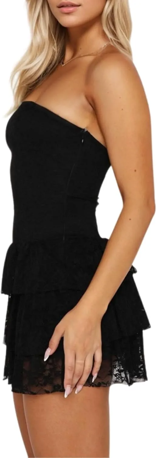 Women Sexy Ruffle Hem Lace Tube Mini Dress Strapless Backless Slim Fit Tiered Layered Skirt Party Short Dress