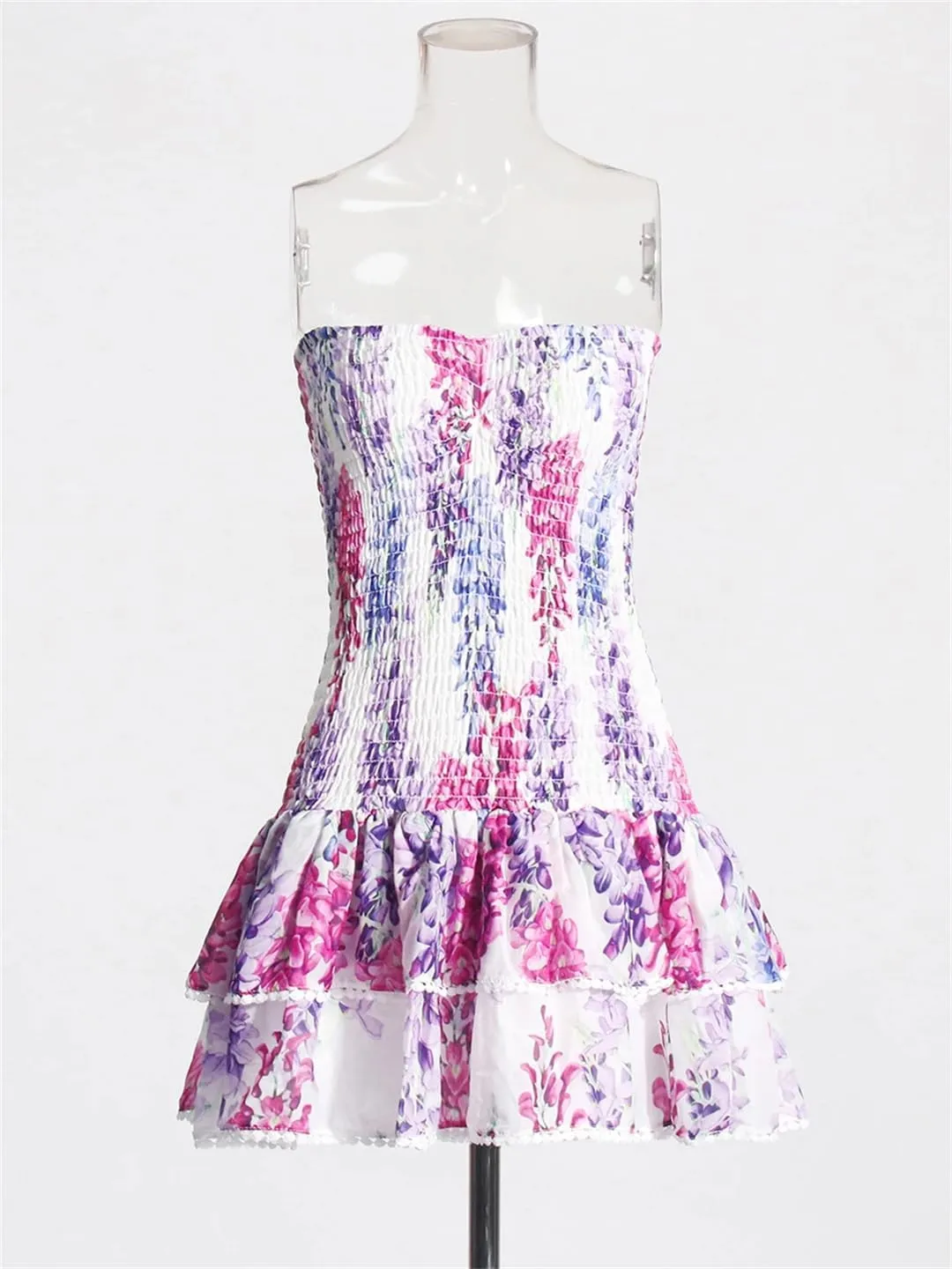 Women Summer Spliced Printing Strapless Sleeveless Ruffles Fold Mini Dress