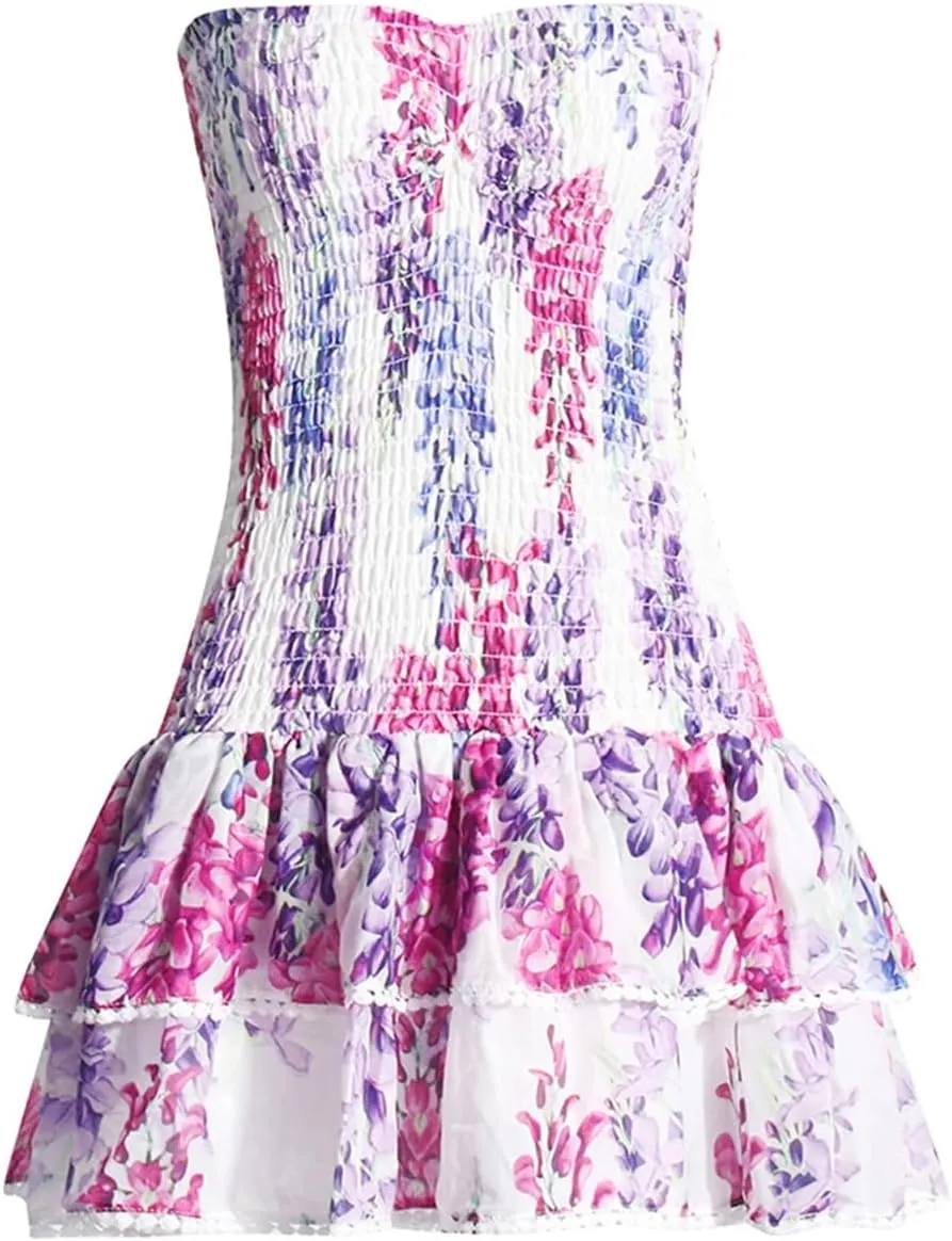 Women Summer Spliced Printing Strapless Sleeveless Ruffles Fold Mini Dress