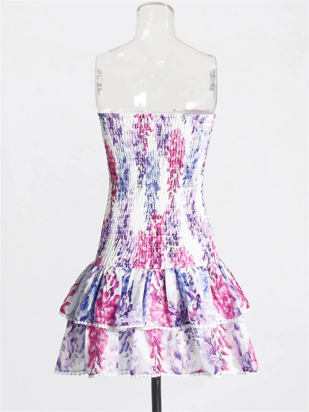 Women Summer Spliced Printing Strapless Sleeveless Ruffles Fold Mini Dress