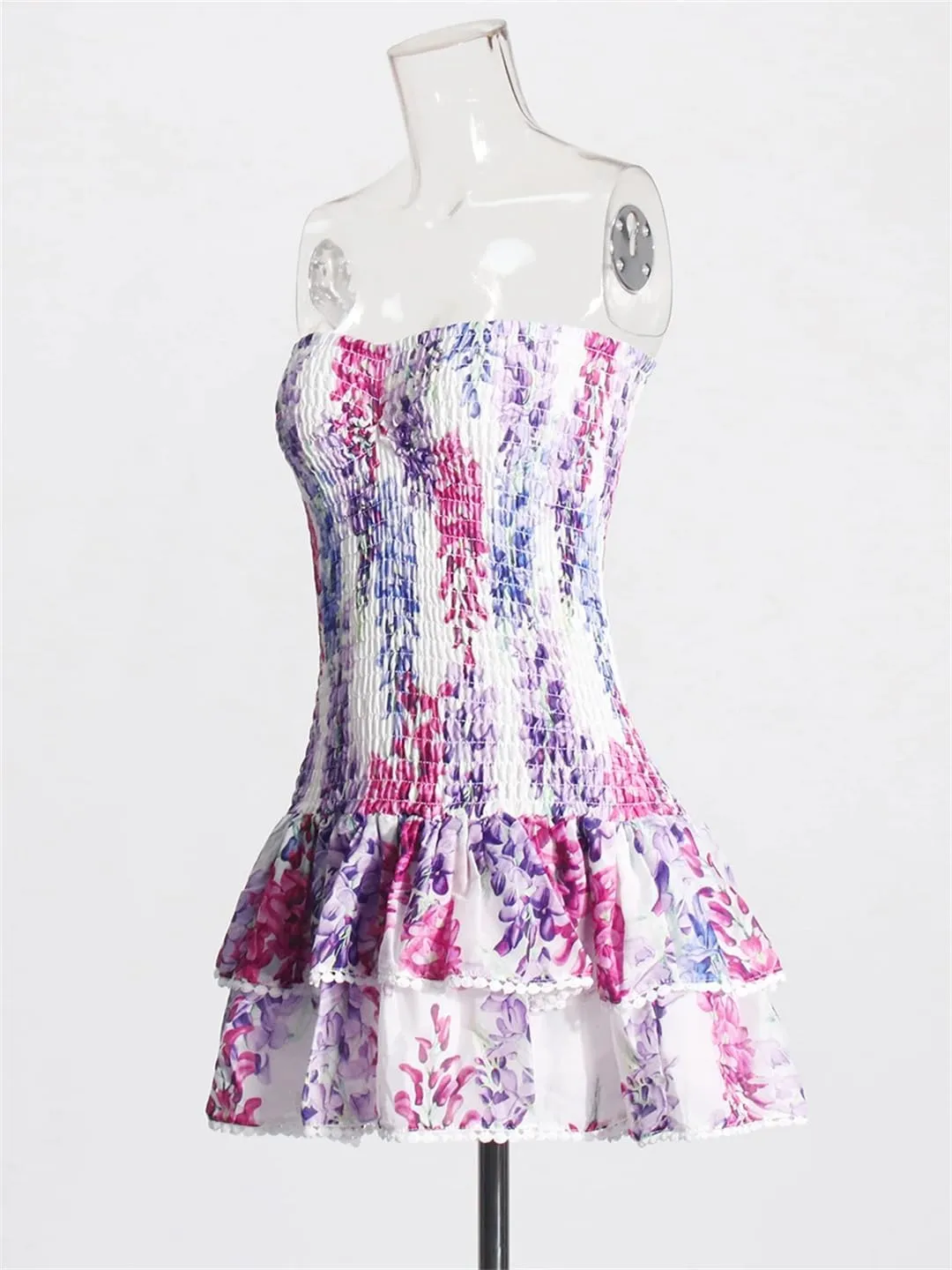 Women Summer Spliced Printing Strapless Sleeveless Ruffles Fold Mini Dress