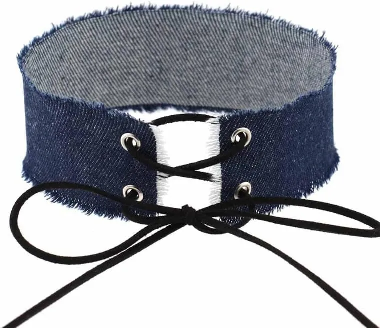 Women Wide Denim Choker Necklace Handmade Adjustable Costume Cosplay Nightclub Punk Neck Collar Choker