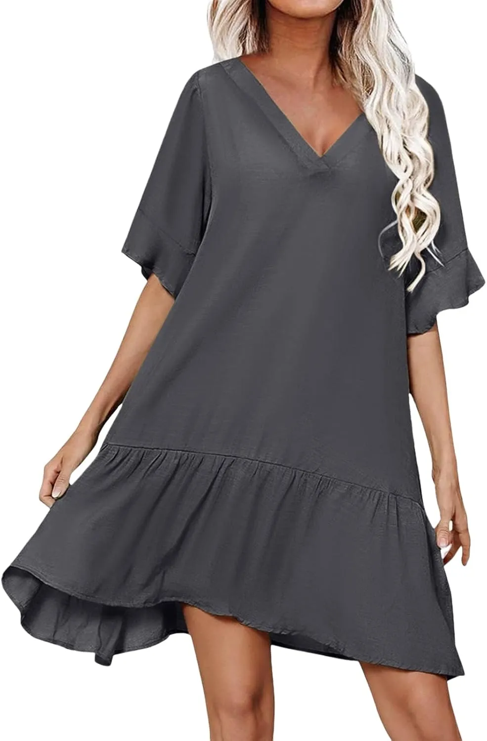 Womens 2024 Boho Loose Swing Midi Dresses Short Sleeve V Neck Ruffle Summer Dress Beach Party Sundress