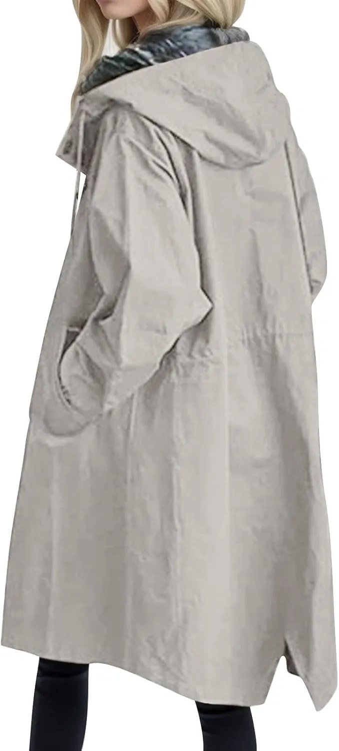 Womens 2024 Elegant Temperament Button Windbreaker Long Sleeve Hooded Trench Coat Loose Comfortable Outwear with Pocket