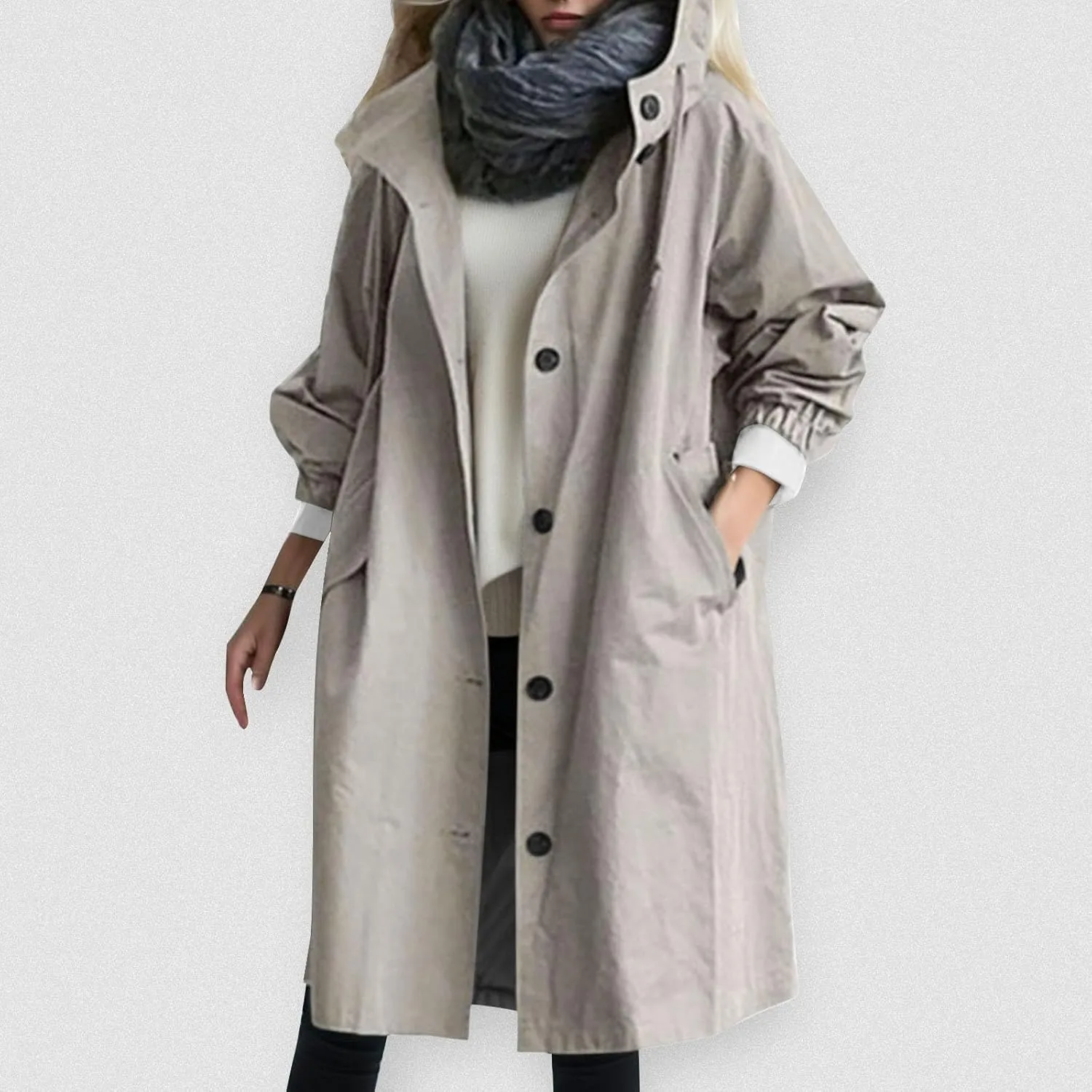 Womens 2024 Elegant Temperament Button Windbreaker Long Sleeve Hooded Trench Coat Loose Comfortable Outwear with Pocket