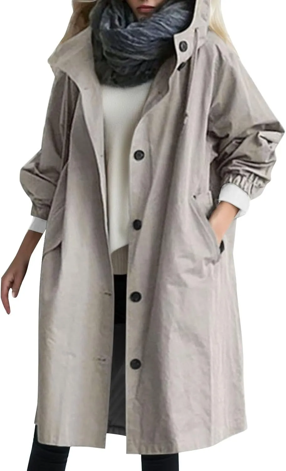 Womens 2024 Elegant Temperament Button Windbreaker Long Sleeve Hooded Trench Coat Loose Comfortable Outwear with Pocket