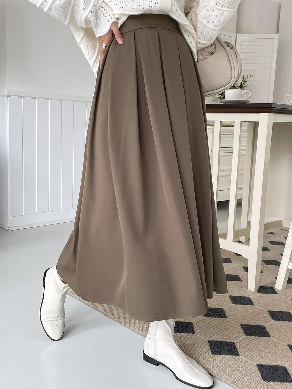 Women's 2024 Midi Long Skirt Solid Fold Pleated Skirt