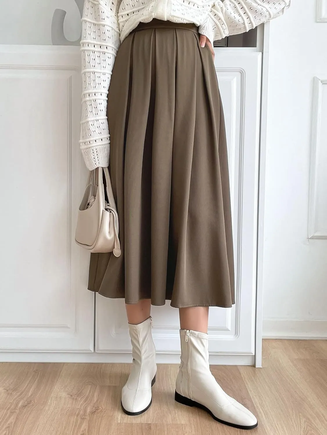 Women's 2024 Midi Long Skirt Solid Fold Pleated Skirt