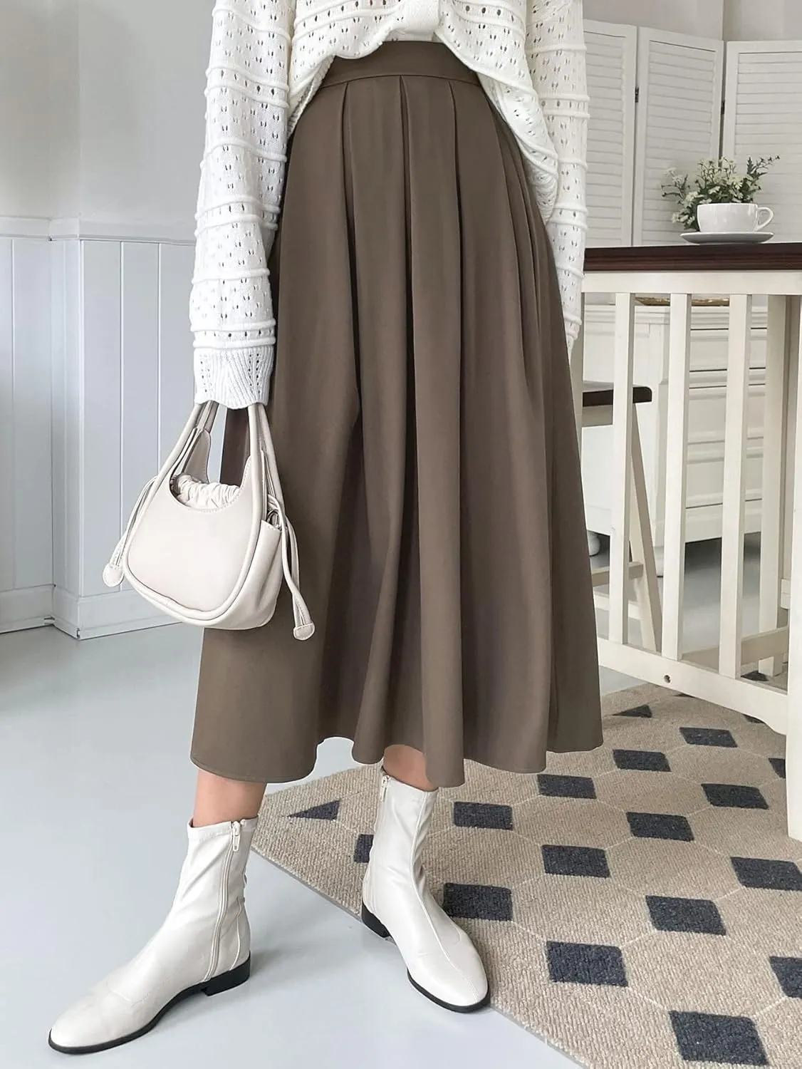 Women's 2024 Midi Long Skirt Solid Fold Pleated Skirt