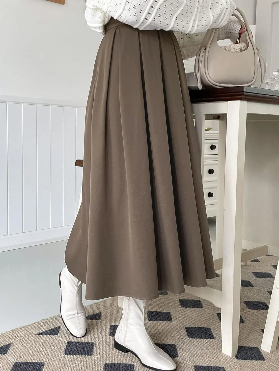 Women's 2024 Midi Long Skirt Solid Fold Pleated Skirt