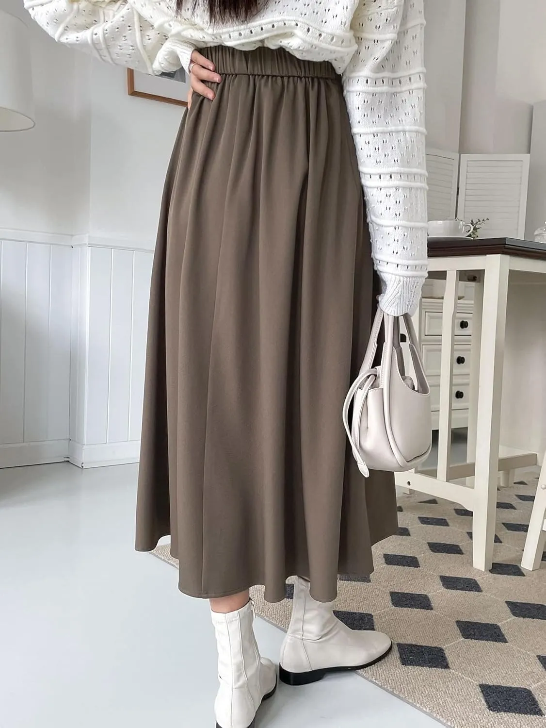 Women's 2024 Midi Long Skirt Solid Fold Pleated Skirt