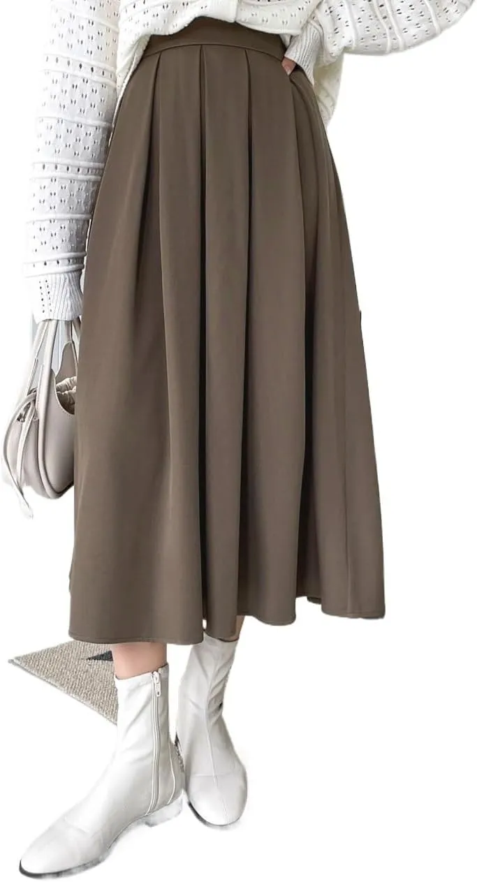 Women's 2024 Midi Long Skirt Solid Fold Pleated Skirt