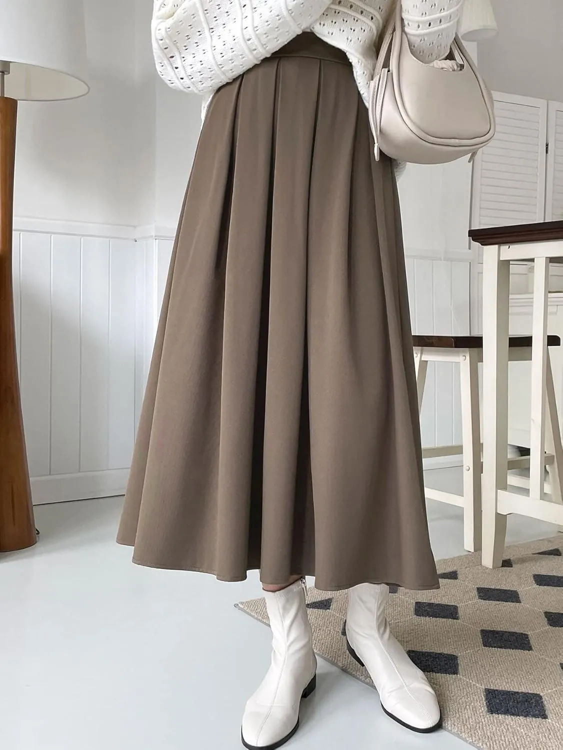 Women's 2024 Midi Long Skirt Solid Fold Pleated Skirt