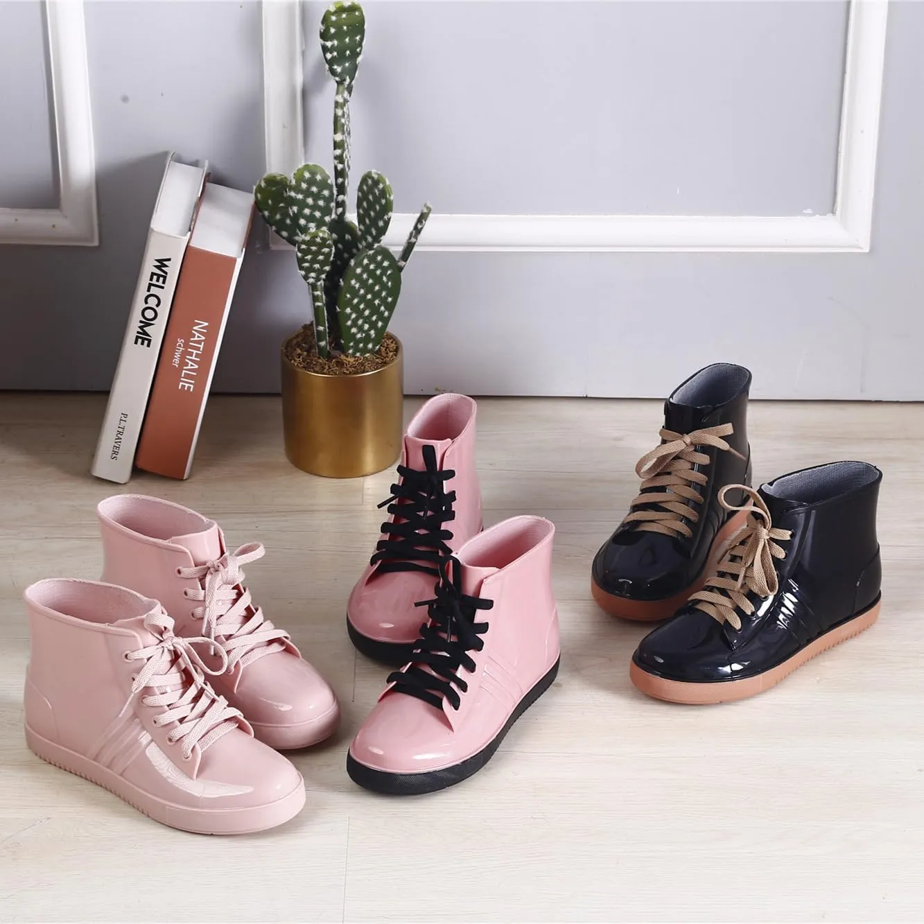 Women's Ankle Rain Boots Waterproof Cute Boots for Girls, Short Rain Boots for Women and Waterproof Garden Shoes for Outdoor Work (Black Pink,7.5-8)