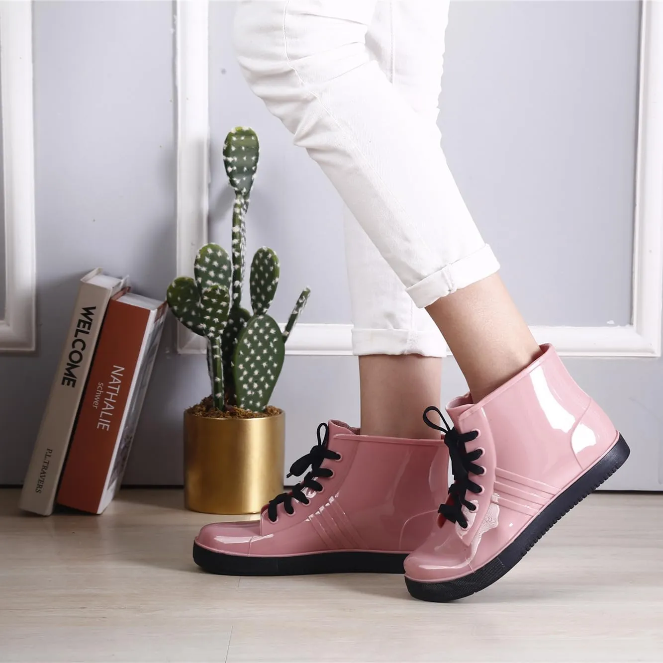 Women's Ankle Rain Boots Waterproof Cute Boots for Girls, Short Rain Boots for Women and Waterproof Garden Shoes for Outdoor Work (Black Pink,7.5-8)