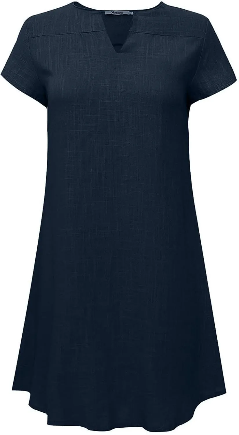 Women's Cotton Linen Midi Dress V Neck Short Sleeve Causal Loose Tshirt Dresses Summer Split 2025 Plus Size Dress