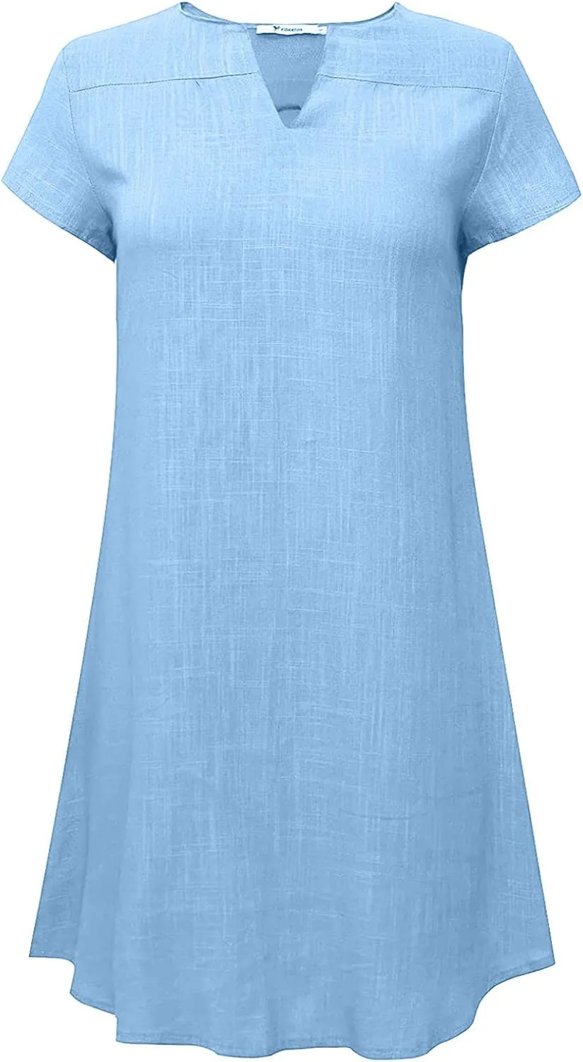 Women's Cotton Linen Midi Dress V Neck Short Sleeve Causal Loose Tshirt Dresses Summer Split 2025 Plus Size Dress