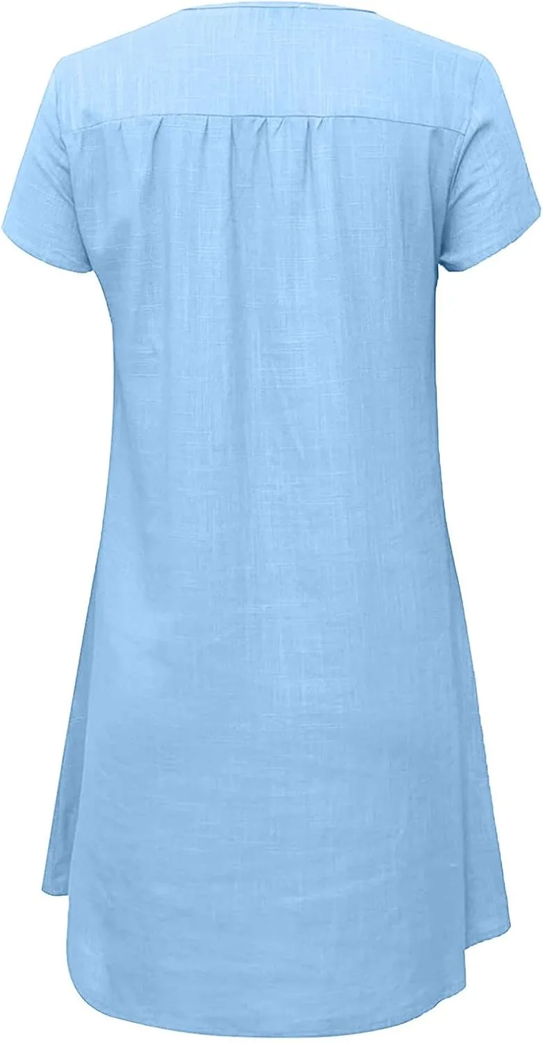 Women's Cotton Linen Midi Dress V Neck Short Sleeve Causal Loose Tshirt Dresses Summer Split 2025 Plus Size Dress