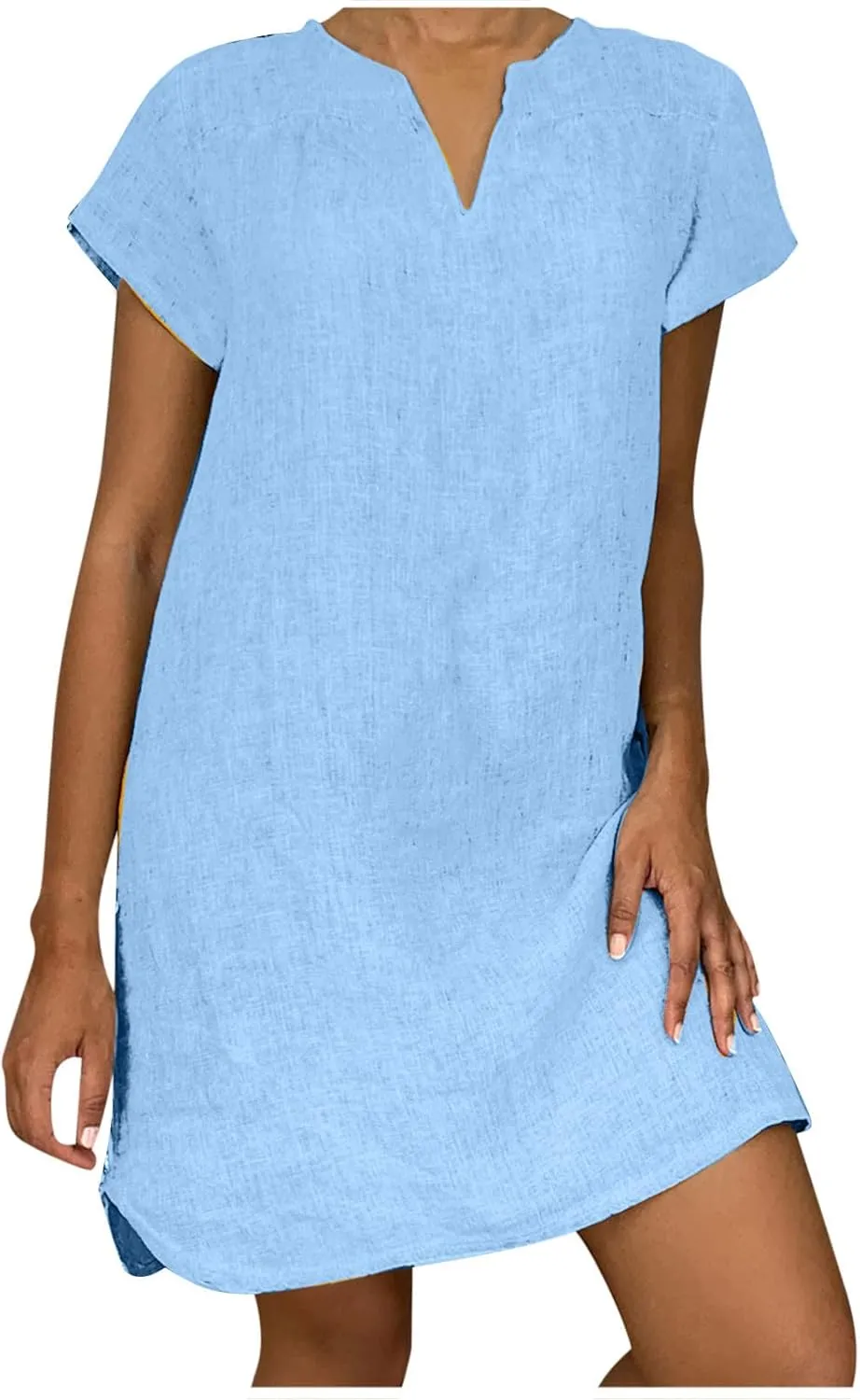 Women's Cotton Linen Midi Dress V Neck Short Sleeve Causal Loose Tshirt Dresses Summer Split 2025 Plus Size Dress