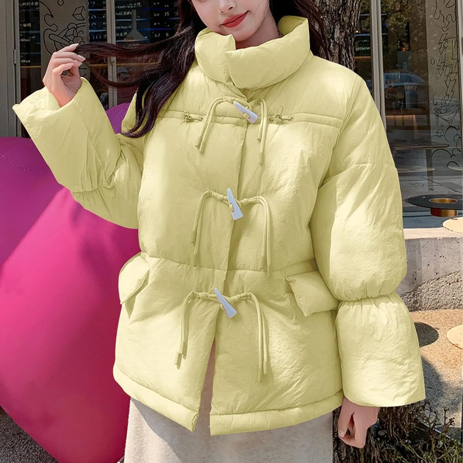 Women's Fashion Puffer Jackets Dressy Casual Stand Collar Bubble Coats Cardigan Teen Girls Baggy Quilted Down Jackets