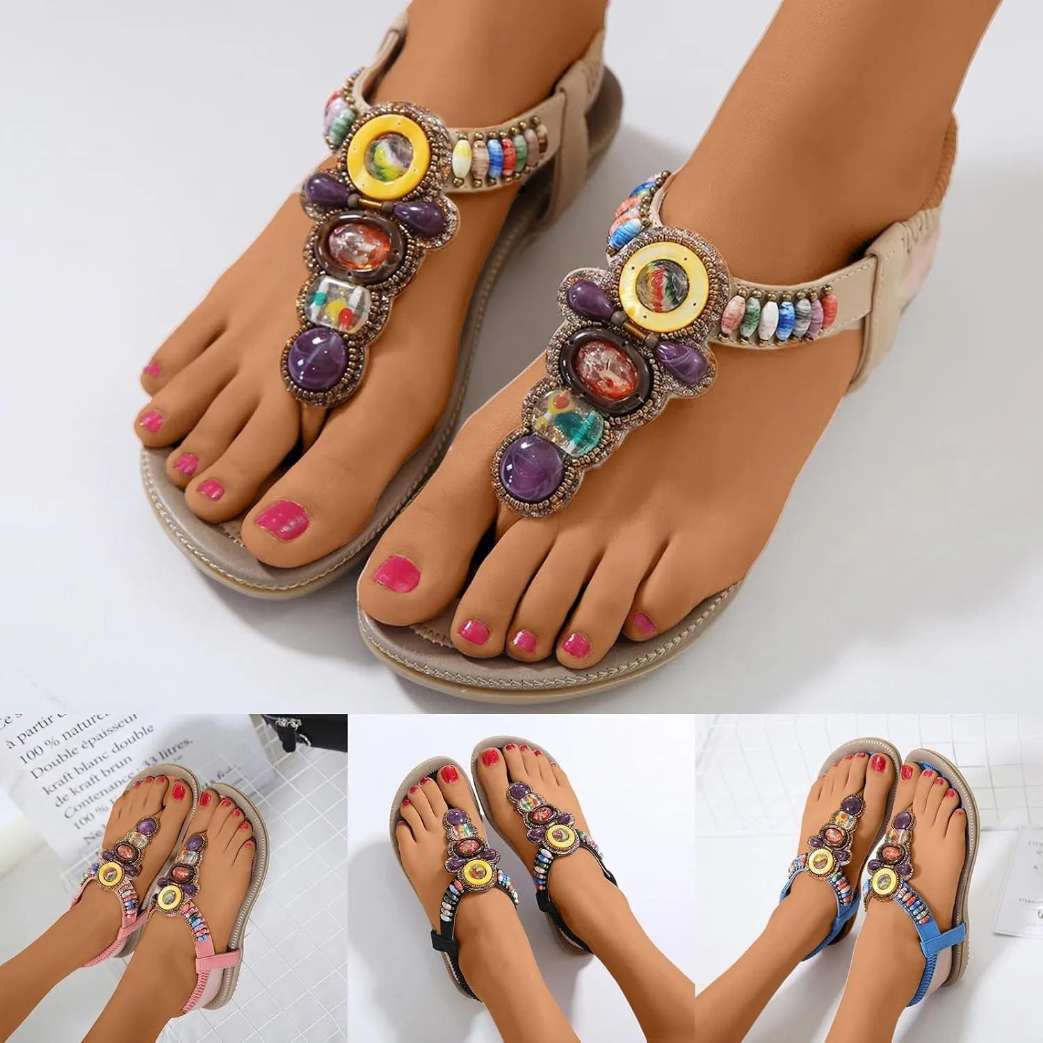 Womens Flip Flops Summer Bohemian Sandals Travel Beach Sandals Elastic Ankle Strap Dressy Sandal Outdoor Vacation Shoes