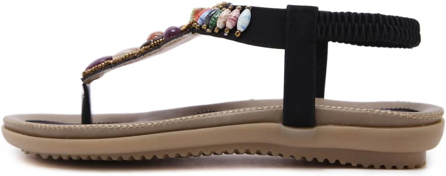Womens Flip Flops Summer Bohemian Sandals Travel Beach Sandals Elastic Ankle Strap Dressy Sandal Outdoor Vacation Shoes