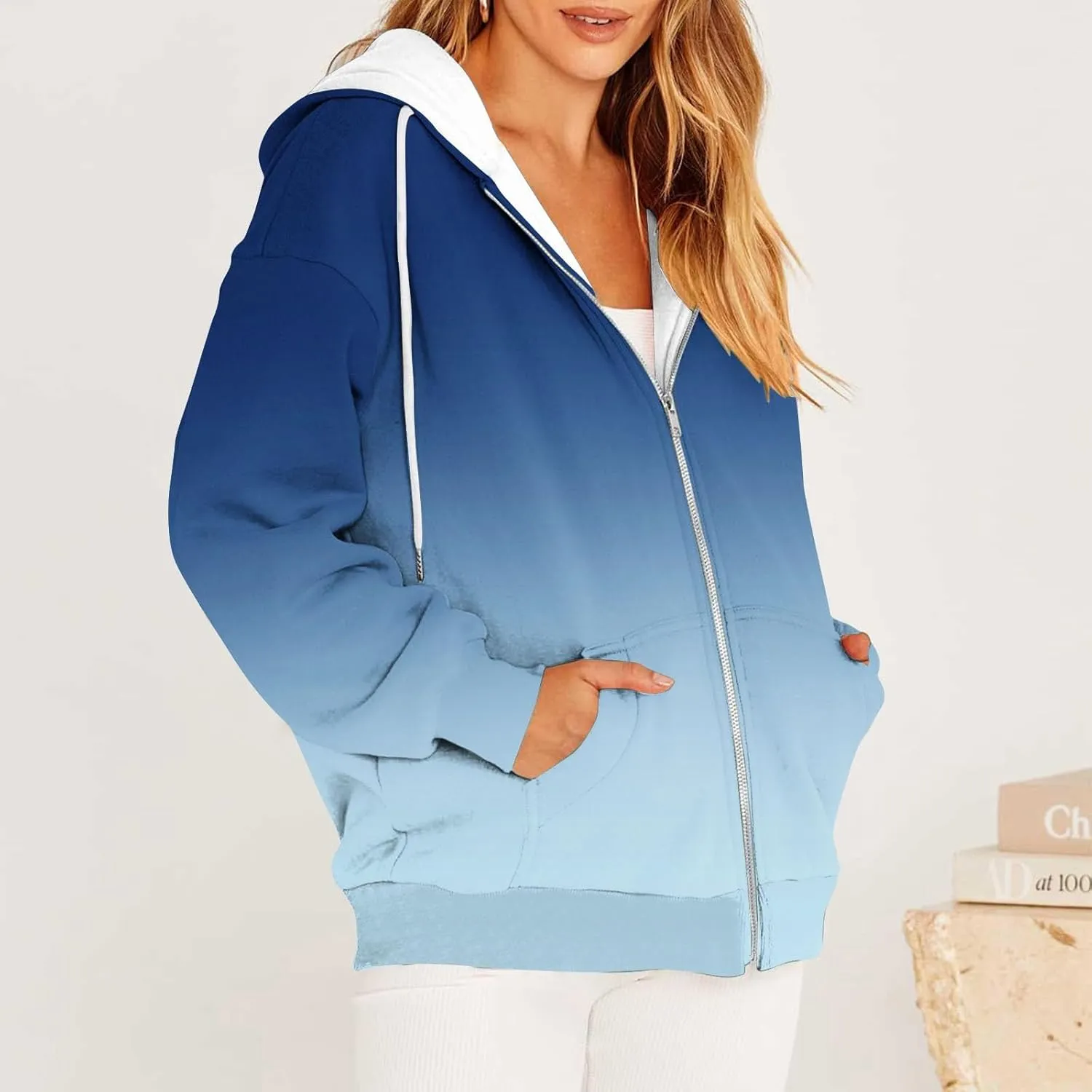 Womens Full Zip Up Sweatshirts Tid Dye Print Hoodies Long Sleeve Casual Jackets Winter Outfits 2024 With Pockets