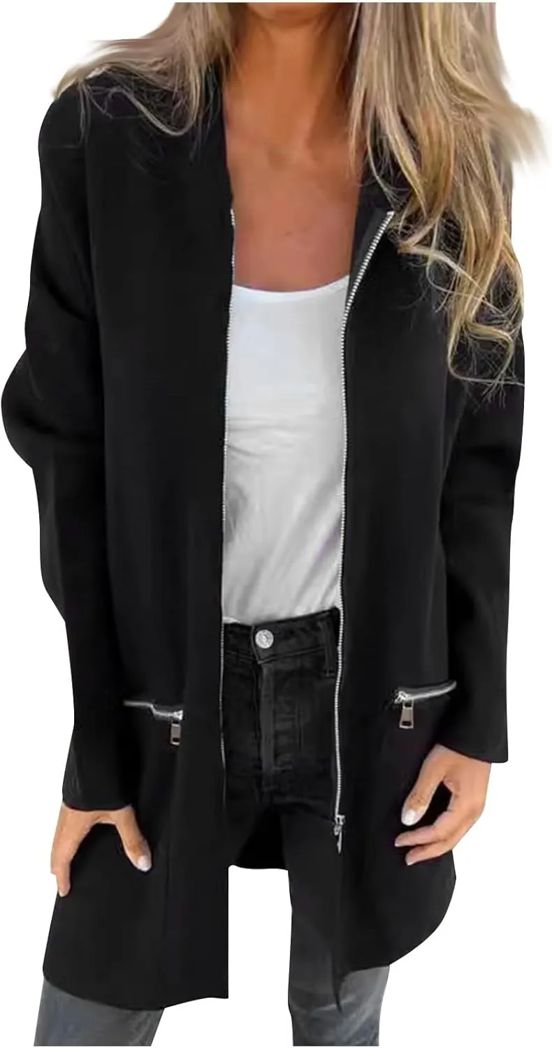 Women's Hooded Cardigan Jacket Plus Size Fashion Zipper Open Front Mid-length Hoodies Sweatshirt Windbreaker Coat