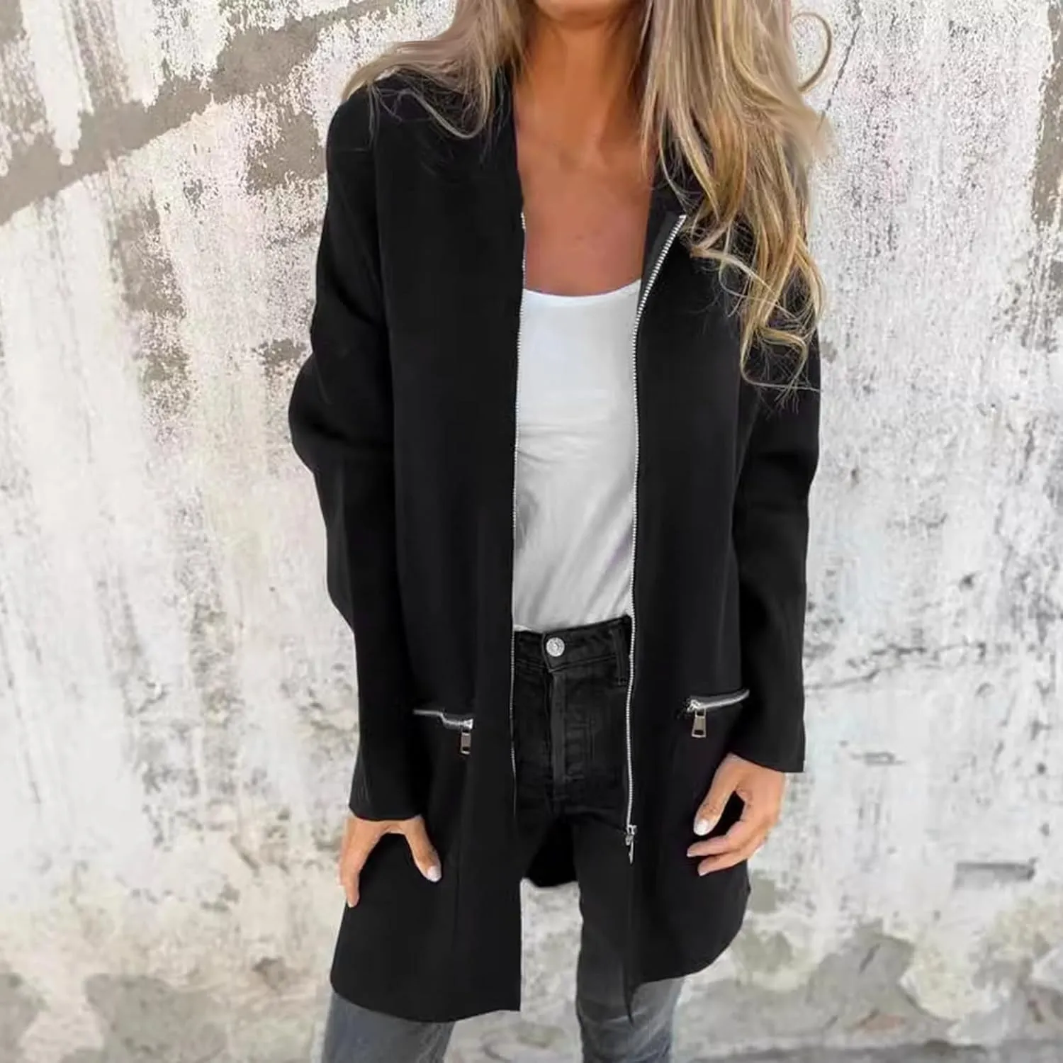 Women's Hooded Cardigan Jacket Plus Size Fashion Zipper Open Front Mid-length Hoodies Sweatshirt Windbreaker Coat