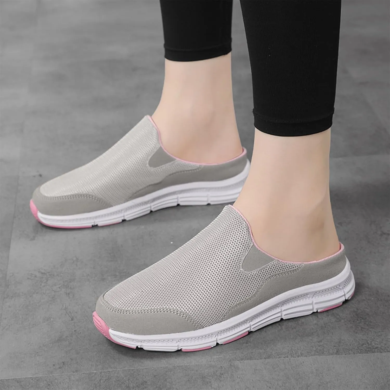 Women's Knitted Breathable Lightweight Slip-On Sports Mules Comfortable Non-Slip Backless Walking Shoes for Hiking House Traveling