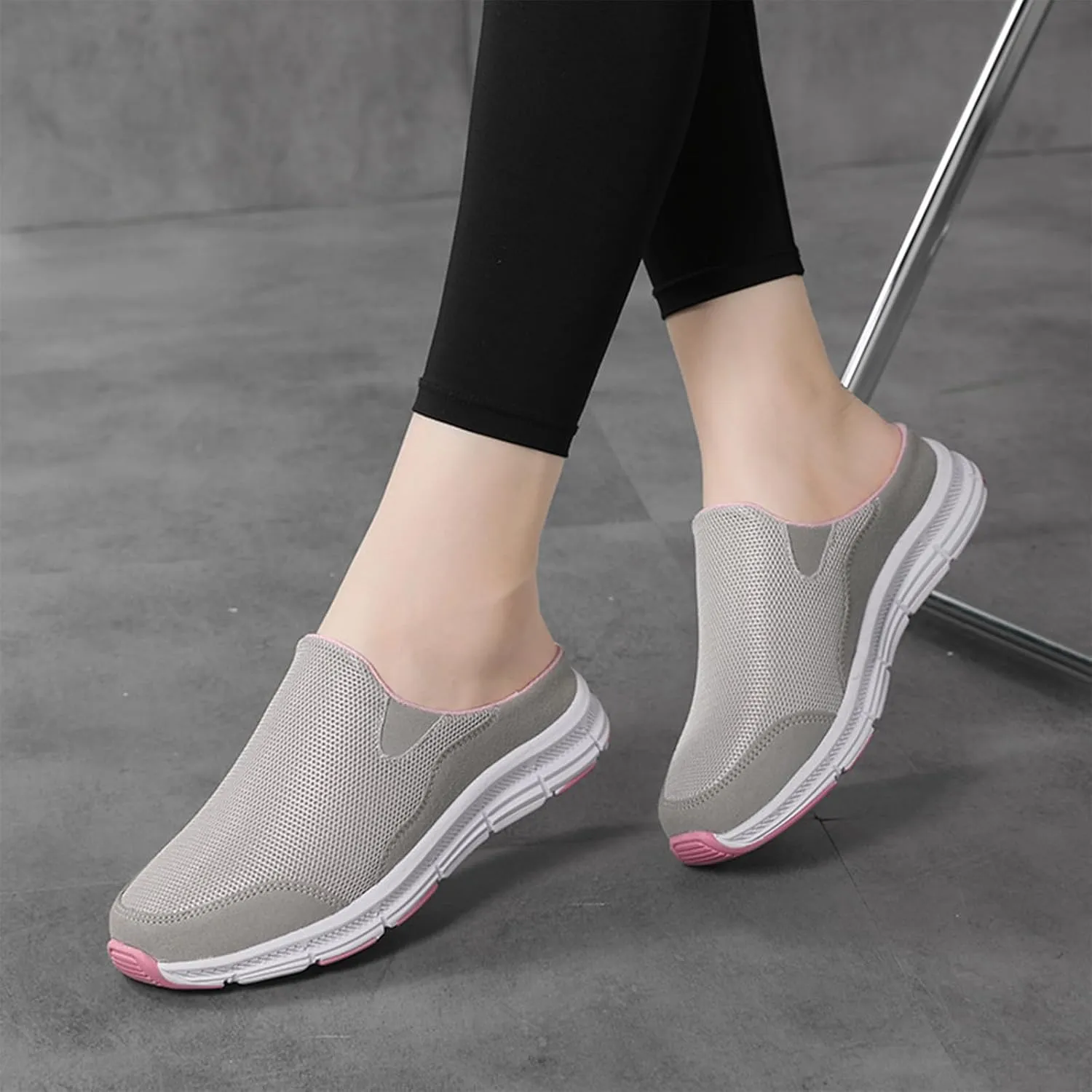 Women's Knitted Breathable Lightweight Slip-On Sports Mules Comfortable Non-Slip Backless Walking Shoes for Hiking House Traveling