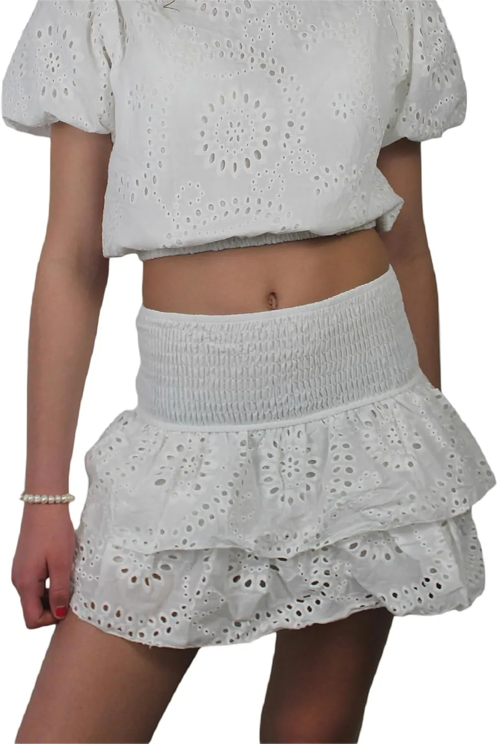 Women's Layered Ruffle Mini Skirt Cut Out Floral Shirred Short Party Skirt Elastic High Waist Casual A Line Skirt