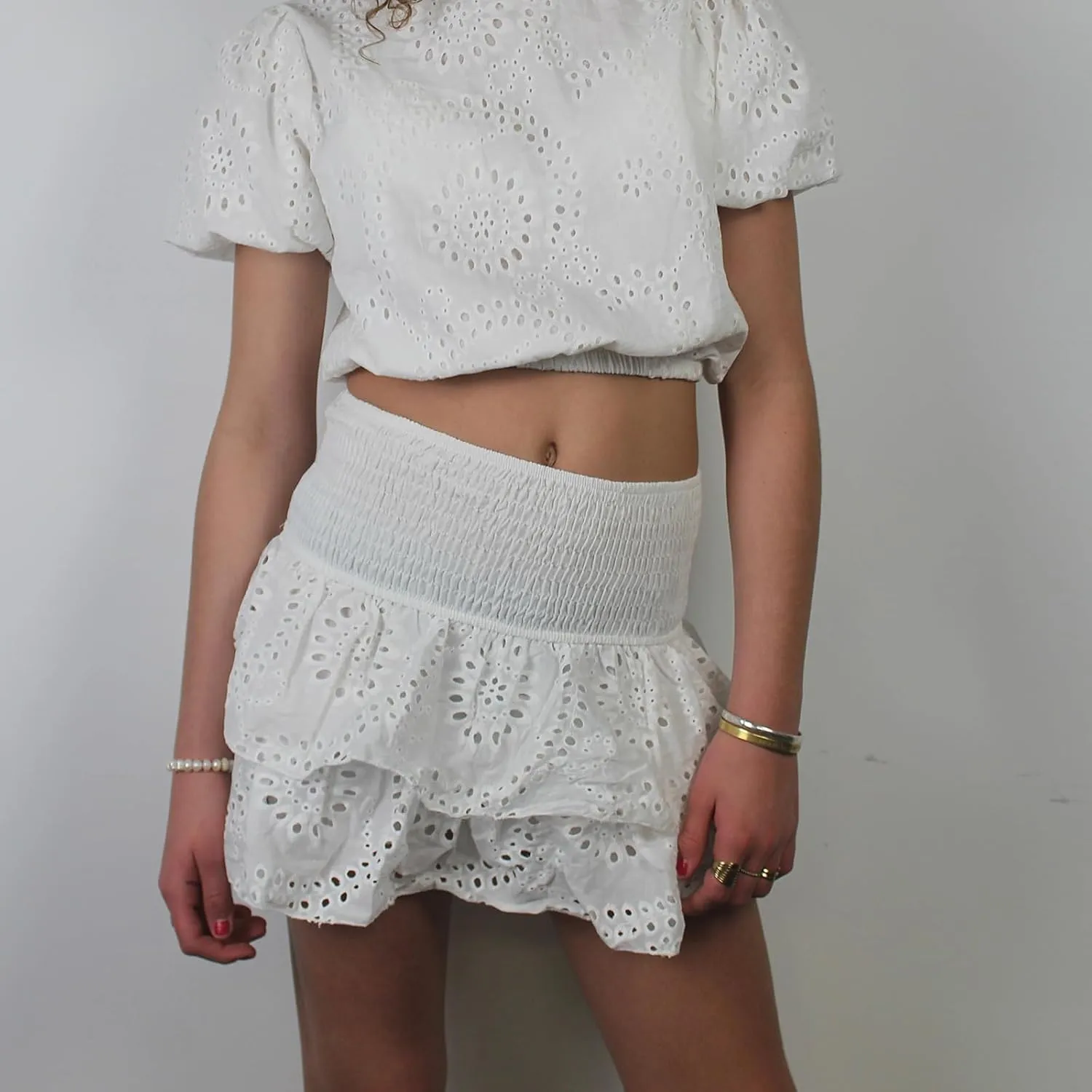 Women's Layered Ruffle Mini Skirt Cut Out Floral Shirred Short Party Skirt Elastic High Waist Casual A Line Skirt