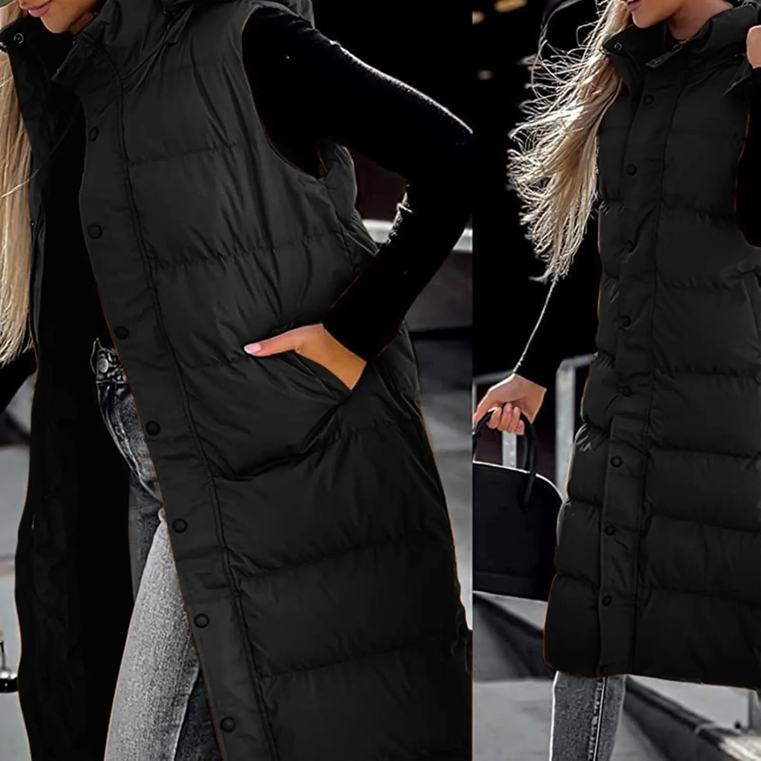 Women's Long Puffer Vest Winter Quilted Hooded Sleeveless Zip Up Down Outerwear Long Jacket Vest Gilet Coat with Pockets