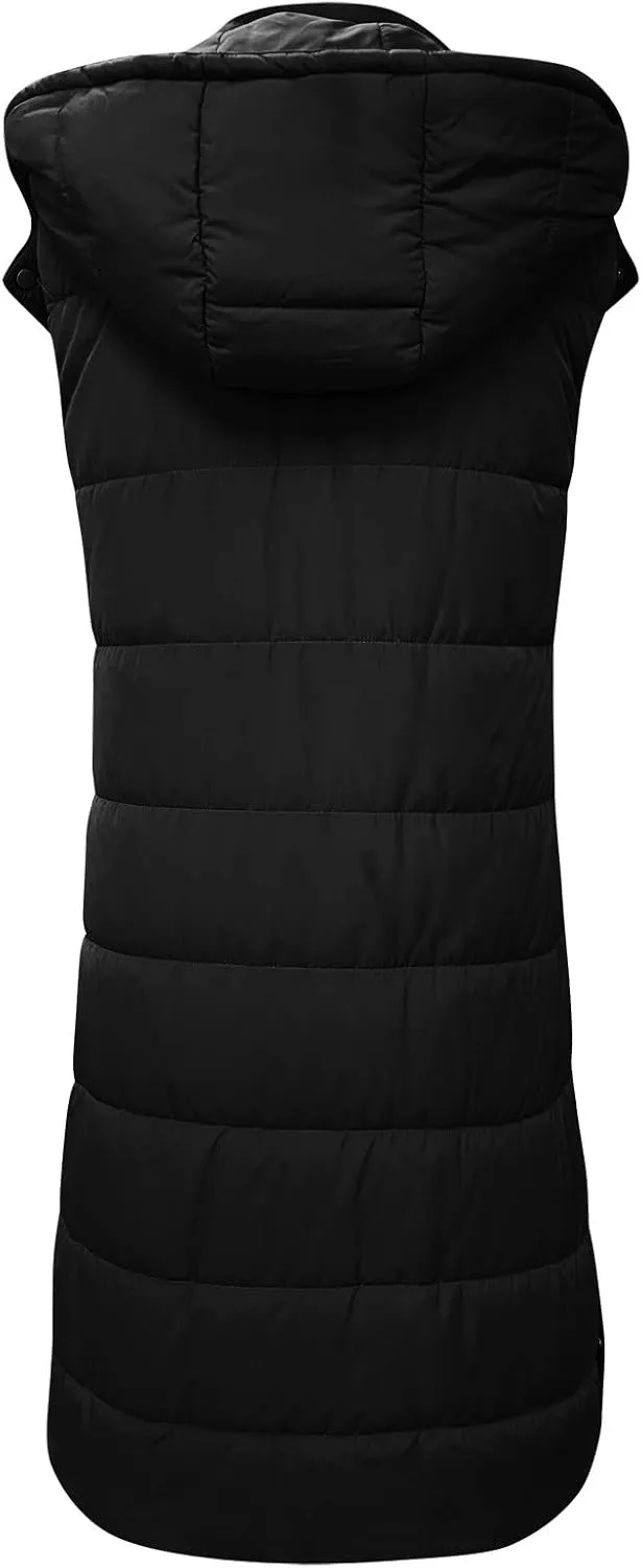 Women's Long Puffer Vest Winter Quilted Hooded Sleeveless Zip Up Down Outerwear Long Jacket Vest Gilet Coat with Pockets