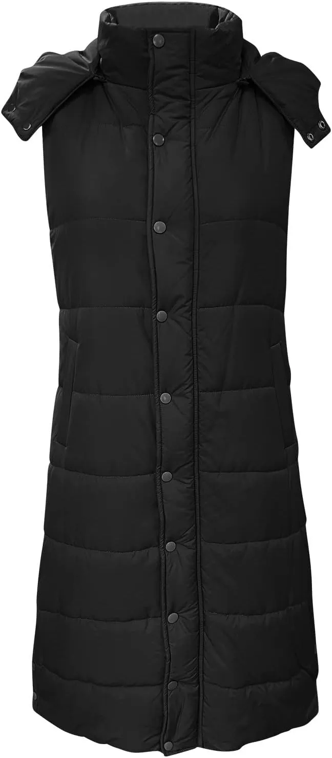 Women's Long Puffer Vest Winter Quilted Hooded Sleeveless Zip Up Down Outerwear Long Jacket Vest Gilet Coat with Pockets