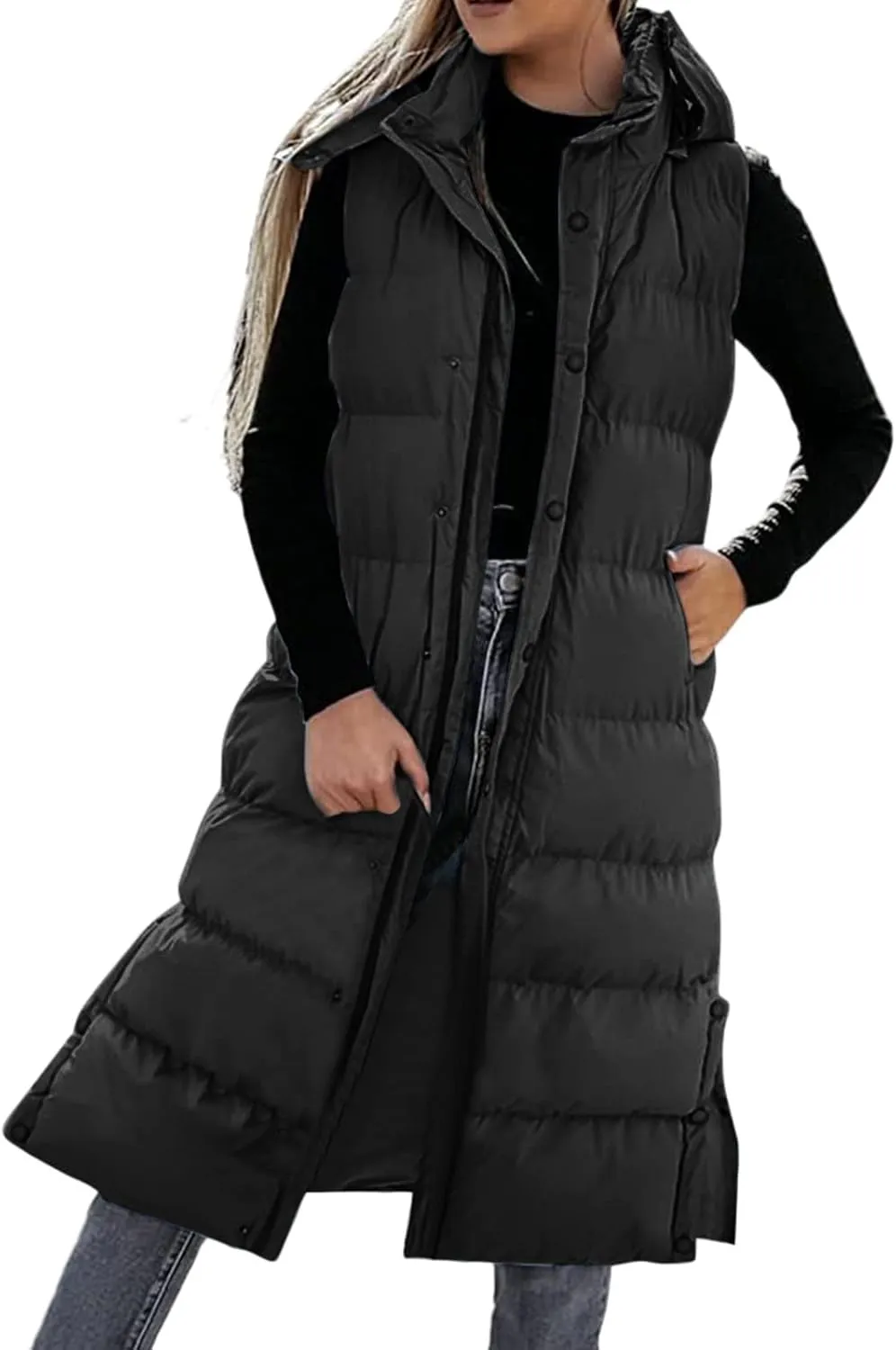 Women's Long Puffer Vest Winter Quilted Hooded Sleeveless Zip Up Down Outerwear Long Jacket Vest Gilet Coat with Pockets