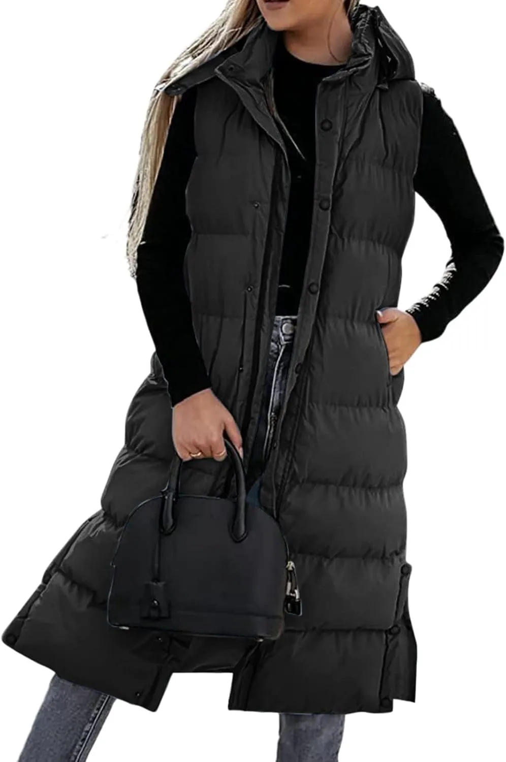Women's Long Puffer Vest Winter Quilted Hooded Sleeveless Zip Up Down Outerwear Long Jacket Vest Gilet Coat with Pockets