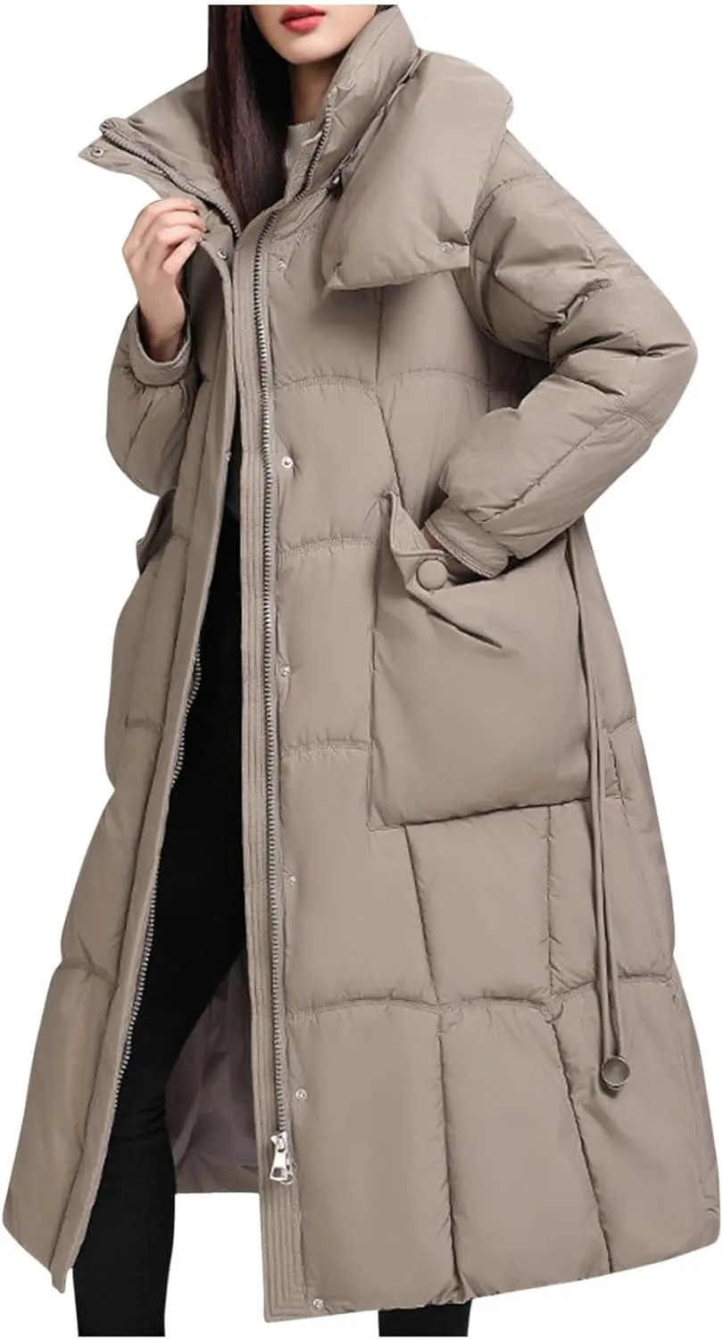 Womens Long Winter Down Puffer Jackets Heavyweight Thicken Quilted Trench Coat Windproof Padded Military Parka Jacket