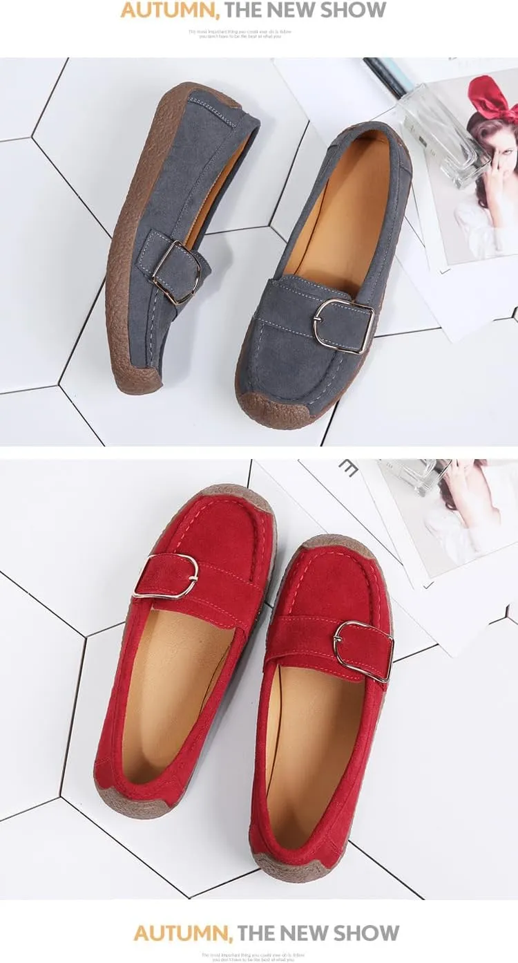 Women's Moccasins Cute Fashion Belt Buckle Decorated Low Top Round Toe Shoes Orthopedic Sandals, Cute Casual Comfortable Lightweight Slip on Shoes, Female Solid All-Match Loafers for Everyday Wear