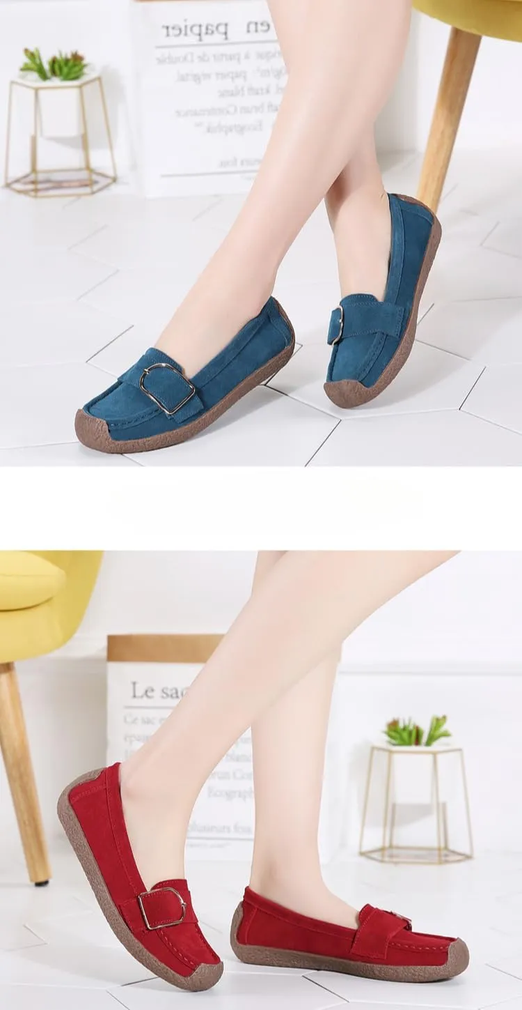 Women's Moccasins Cute Fashion Belt Buckle Decorated Low Top Round Toe Shoes Orthopedic Sandals, Cute Casual Comfortable Lightweight Slip on Shoes, Female Solid All-Match Loafers for Everyday Wear