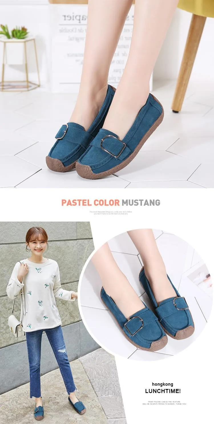 Women's Moccasins Cute Fashion Belt Buckle Decorated Low Top Round Toe Shoes Orthopedic Sandals, Cute Casual Comfortable Lightweight Slip on Shoes, Female Solid All-Match Loafers for Everyday Wear