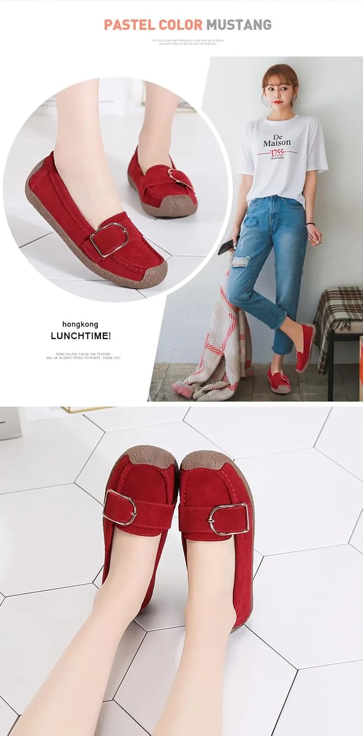 Women's Moccasins Cute Fashion Belt Buckle Decorated Low Top Round Toe Shoes Orthopedic Sandals, Cute Casual Comfortable Lightweight Slip on Shoes, Female Solid All-Match Loafers for Everyday Wear