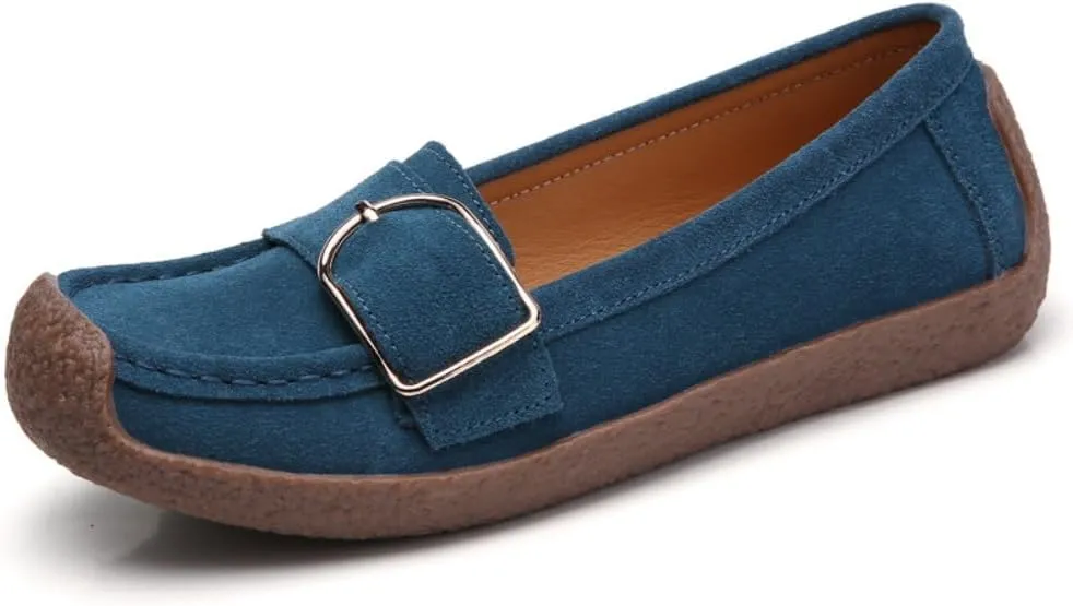 Women's Moccasins Cute Fashion Belt Buckle Decorated Low Top Round Toe Shoes Orthopedic Sandals, Cute Casual Comfortable Lightweight Slip on Shoes, Female Solid All-Match Loafers for Everyday Wear
